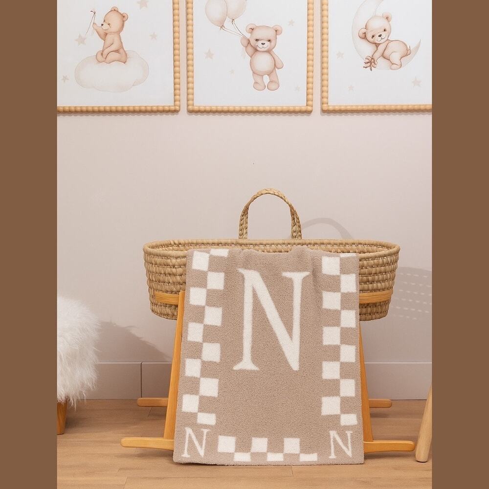 Styled Collection Monogram Initial “N” Baby Nursery Stroller Blanket Taupe NEW